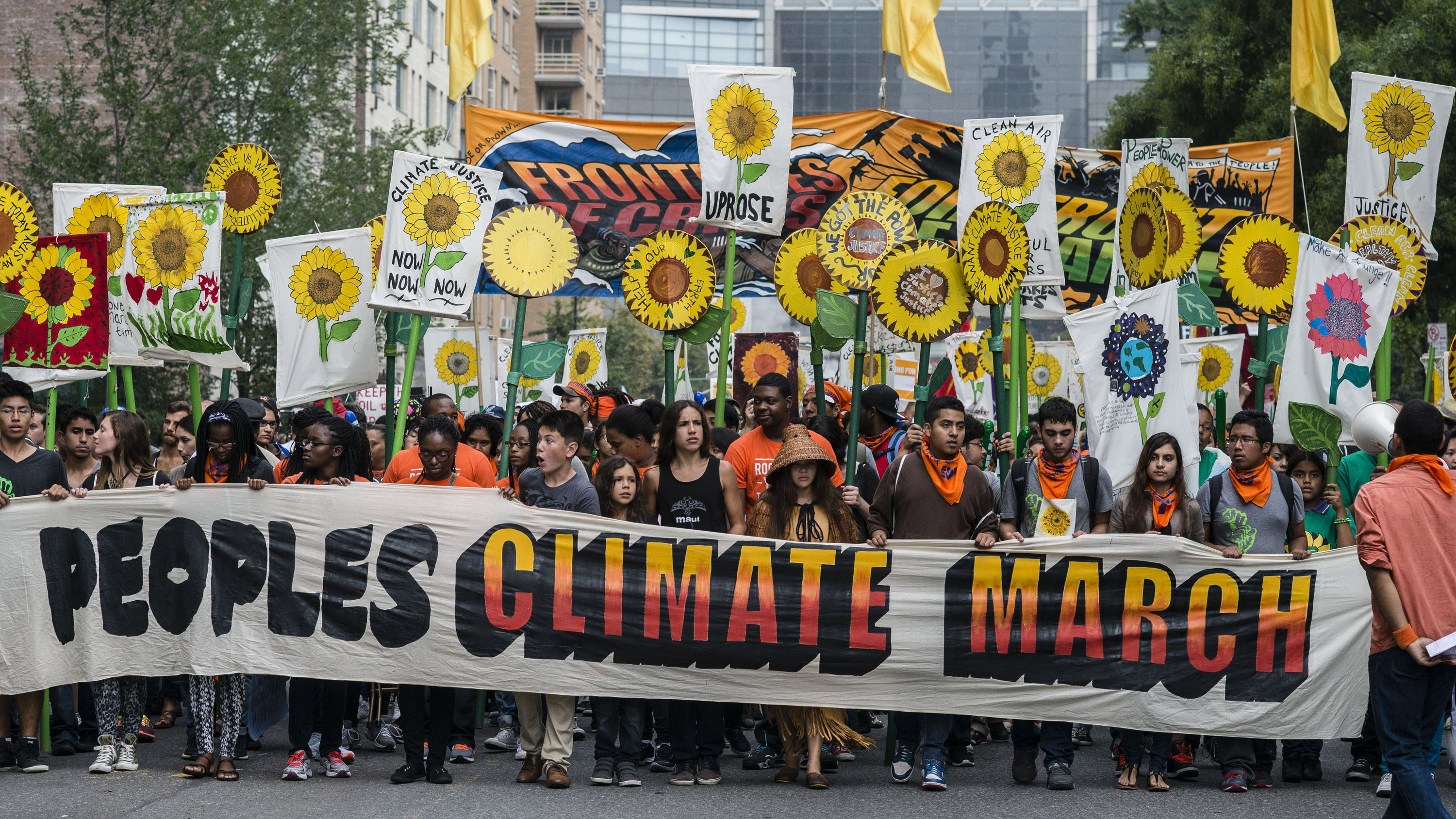 Led by grassroots communities of color, over 400,000 people filled the streets of New York on Sept 21, 2014 to protest the UN 2014 Climate Summit.  Photographer: Timothy Fadek/Bloomberg