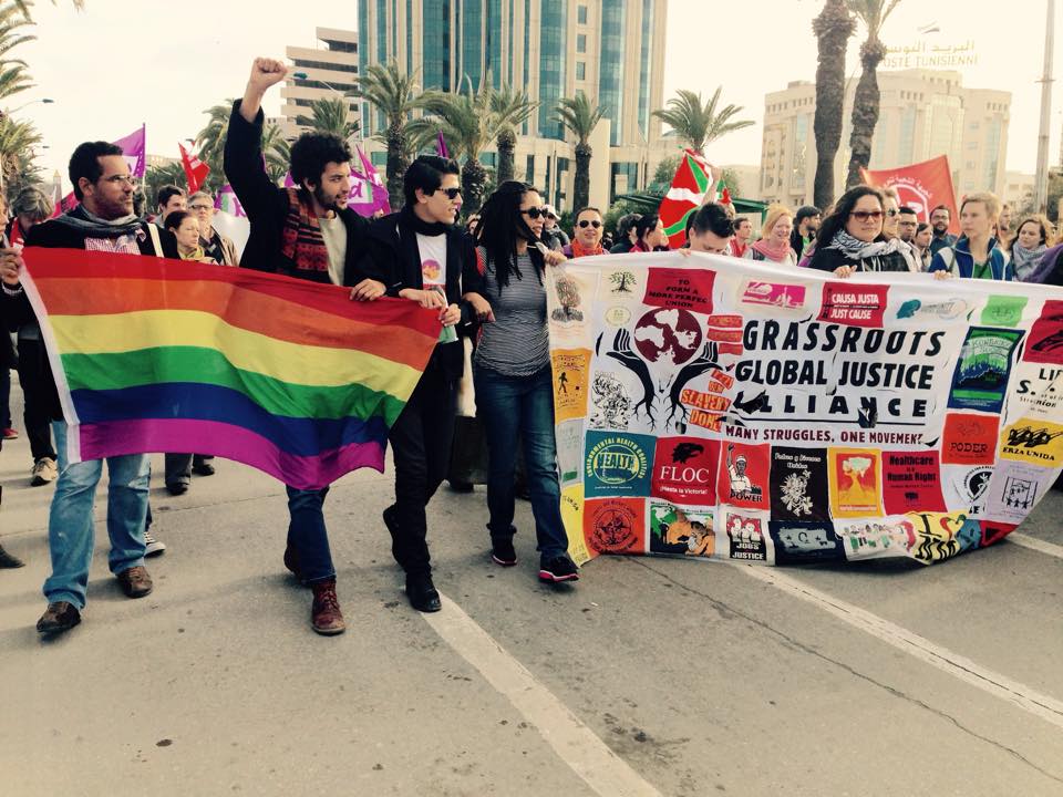 The LGBT contingent joining GGJ and the World March of Women during the Palestine March in Tunisia.